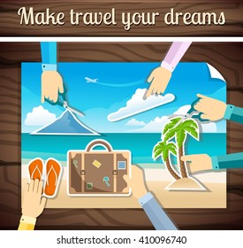 Make travel of their dreams on a wooden background, cut, paste to create a template. Beautiful picture relaxing on the beach, palm trees, sand, sun. Warm countries. Vector illustration