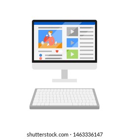 Make up tutorial and cosmetic review on computer display. Flat monitor screen with beauty blogger on video site vector illustration