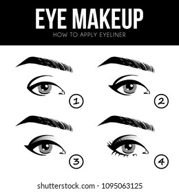 Make up tutorial set - stages of applying beige shadow on brown women eye with brow and lashes. eyeshadow apply step by step. makeup concept, vector art image illustration isolated on white background