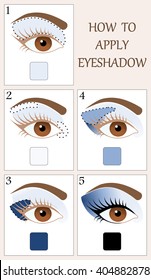 Make up tutorial set - stages of applying blue shadow on brown women eye with brow and lashes. eyeshadow apply step by step. makeup concept, vector art image illustration isolated on white background