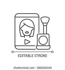 Make Up Tutorial Videos Linear Icon. Beauty Vlog. Online Creator On Women Style. Beautician Blog. Thin Line Customizable Illustration. Contour Symbol. Vector Isolated Outline Drawing. Editable Stroke