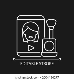 Make up tutorial videos white linear icon for dark theme. Beauty vlog. Online creator on style. Thin line customizable illustration. Isolated vector contour symbol for night mode. Editable stroke