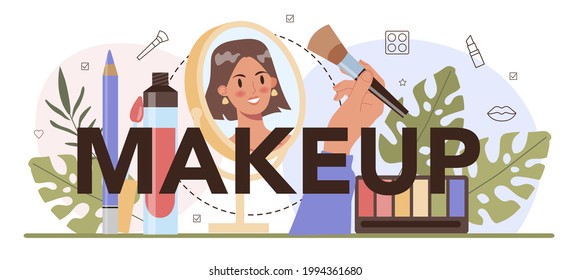 Comprimir encabezado tipográfico. Artista profesional haciendo un procedimiento de belleza, aplicando cosméticos en la cara. Visagiste maquillando un modelo usando un pincel. Ilustración vectorial plana