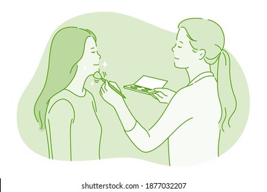 maquillaje, belleza, concepto cosmético. La joven sonriente estilista conforma el personaje de caricatura del artista usando pincel especial para aplicar polvo de cara para ilustración femenina. Dermatología, cosmetología