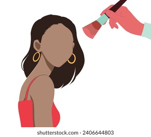 Make up, Beauty, cosmetics concept. Young smiling woman cartoon character using special brush for applying face powder for looking good and fresh vector illustration. 
