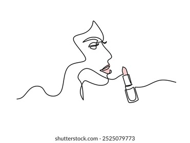 Maquiagem, Beleza, cosméticos contínuo um desenho de linha. Mulher com conceito de batom. Ilustração vetorial minimalista de menina bonita isolado no fundo branco.