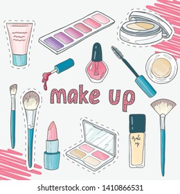 Make up, cosmetics set elements. Nail polish, eye shadow, mascara, lipstick, brush, cream, powder. Hand drawn set for make up