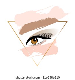 Make up. Eyebrow, eye in golden linear triangle frame and nude, rose brush strokes.