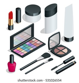 Make up. Hand drawn cosmetics set. Nail polish, mascara, lipstick, eye shadows, brush, powder, lip gloss. Flat 3d vector isometric illustration. For infographics and design 