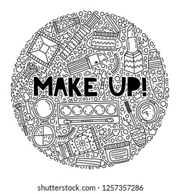 Make up. Lettering with doodle illustrations in circle shape