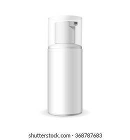 Make up. Tube of cream or foam in plastic product. Container, product and packaging. White background.