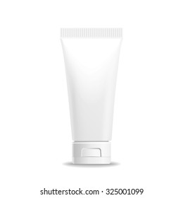 Make up. Tube of cream or gel white plastic product.  Container, product and packaging. White background.