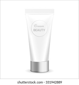 Make up. Tube of cream or gel white plastic product.  Container, product and packaging. White background.