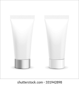 Make up. Tube of cream or gel white plastic product.  Container, product and packaging. White background.