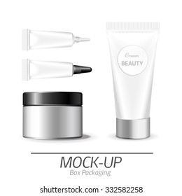 Make up. Tube of cream or gel white plastic product.  Container, product and packaging. White background.