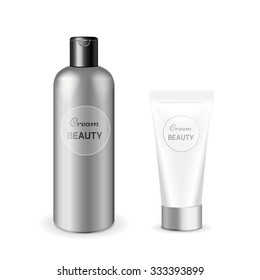 Make up. Tube of cream or gel white plastic product.  Container, product and packaging. White background.