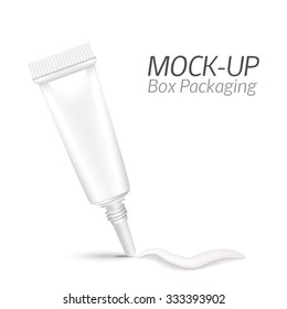 Make up. Tube of cream or gel white plastic product.  Container, product and packaging. White background.