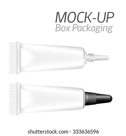 Make up. Tube of cream or gel white plastic product. Container, product and packaging. White background.
