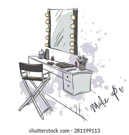 Make Up. Vanity Table And Folding Chair Illustration. 