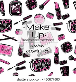 Make up vector concept. Vector cosmetics seamless pattern with place for your text. Make up artist objects. Cosmetics set.