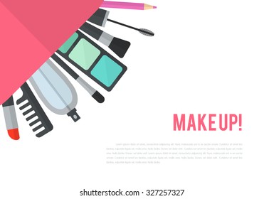 Make up vector flat illustration with lipstick, comb, brush, palette, perfume in women's purse. Beauty design isolated on white background. Make-up artist objects. Cosmetic bag. Corner composition.
