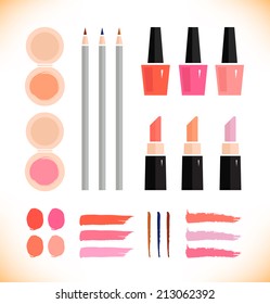 Make up vector icons set. Beauty fashion collection of various make up accessories on white background. Lipstick, powder, enamel, eyeliner. Decorative cosmetic for face and nails.