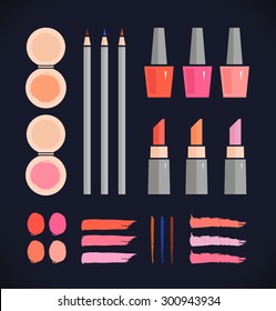 Make up vector set. Beauty fashion collection of various make up accessories on black background