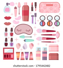Make Up vector set. Cosmetics collection. Beauty salon stickers. Girls icon. Lip gloss, mascara, eye shadows, patches, cream, serum, bottle, shampoo, perfume, sponge, nail polish, lipstick, bag.