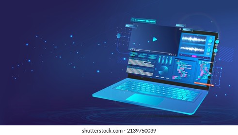 Haz contenido de vídeo en un portátil 3D con interfaz de usuario. Concepto webinar, entrenamiento, promoción en línea, conferencia, montaje, trabajar en línea usando un portátil 3D. Creación de videos y edición. Ilustración vectorial azul