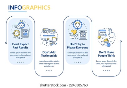 Hacer que el sitio web no utilice una plantilla infográfica rectangular. No hagan pensar a la gente. Visualización de datos con 4 pasos. Gráfico de información de línea de tiempo editable. Diseño de flujo de trabajo con iconos de línea. Lato-Bold, fuentes regulares usadas