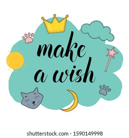 Make a wish blue cloud for little princess with magic wand and golden crown elements  isolated 