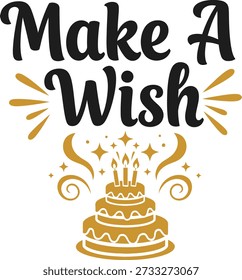 Make A Wish cake typography design vector illustration for birthday celebration candle blowing and hope dreams on transparent background.