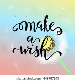 Make a wish card with dandelion fluff. Vector illustation.