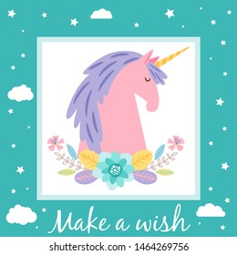 Make a wish card template with cute unicorn and stars. Unicorn magic, make wish, dream horse with horn illustration