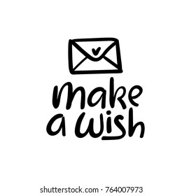 Make a Wish. Christmas calligraphy. Handwritten brush lettering for greeting card, poster, invitation, banner. Hand drawn design elements. Isolated on white background.