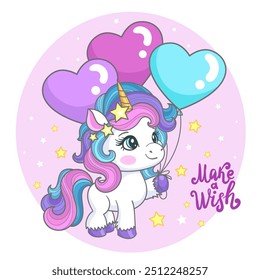 Make a wish. Cute cartoon unicorn with balloons. For children's design prints, posters, birthday cards, stickers, etc. Vector illustration.