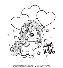 Make a wish. Cute party unicorn with balloons. Coloring book page with colorful template. Vector cartoon illustration isolated on white background. For coloring book, preschool education, print, desig