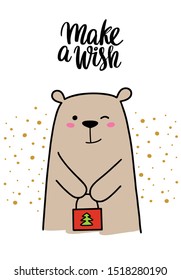 Make a wish with a cute smiling bear and christmas present. Flat vector illustration