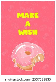 Make a Wish Donut Pink cute postcard. Bright banner with linen illustration