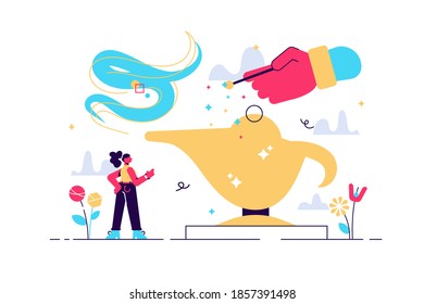 Make a wish to dream come true vector illustration in flat tiny persons concept. Symbolic visualization to get desired goal with magic wound or jinn lamp rubbing. Abstract hope imagination scene.