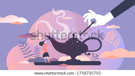 Make a wish to dream come true vector illustration in flat tiny persons concept. Symbolic visualization to get desired goal with magic wound or jinn lamp rubbing. Abstract hope imagination scene.