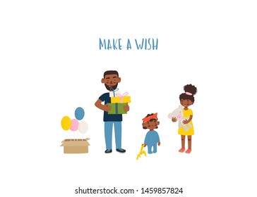Make a wish. Family congratulates the child and gives him a gift. Vector flat design illustration. 