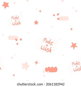 Make a wish festive background with abstract textures, clouds, stars, dots. Seamless pattern in pink pastel colors for greeting cards, wrapping. Trendy minimalistic illustration.