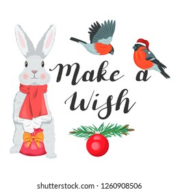 Make a wish. Festive illustration with bunny and bullfinches 