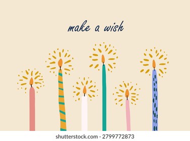Make a Wish Greeting Banner with Six Lit Stylish Candles, Horizontal Birthday Card for Celebration, Christmas, Party Invitation, Holiday Greeting, Festival Event and Festive Candle Illustration