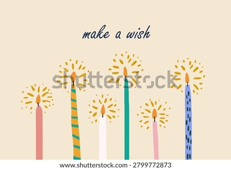 Make a Wish Greeting Banner with Six Lit Stylish Candles, Horizontal Birthday Card for Celebration, Christmas, Party Invitation, Holiday Greeting, Festival Event and Festive Candle Illustration