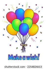 Haz una carta alegre y deseable con globos y confeti. Ilustración vectorial plana.
