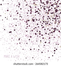 'Make a Wish!' Greeting Card. Simple postcard with Scattered tiny stars. Plain flyer with stars symbols. Star background card. Scattered tiny stars with texture. Vector backdrop.