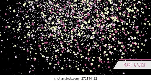 'Make a Wish!' Greeting Card. Simple postcard with Scattered tiny stars. Plain flyer with stars symbols. Star background card. Scattered tiny stars with texture. Vector backdrop.