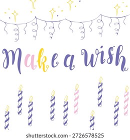 Haga un deseo dibujado a mano Letras de cumpleaños con velas y guirnaldas